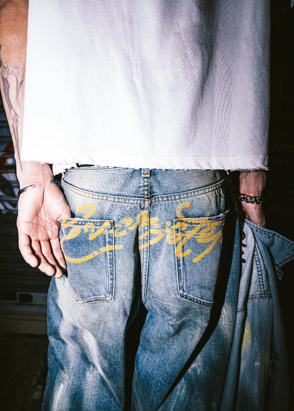 SENSE - Print Splattered Washed Jeans Blue